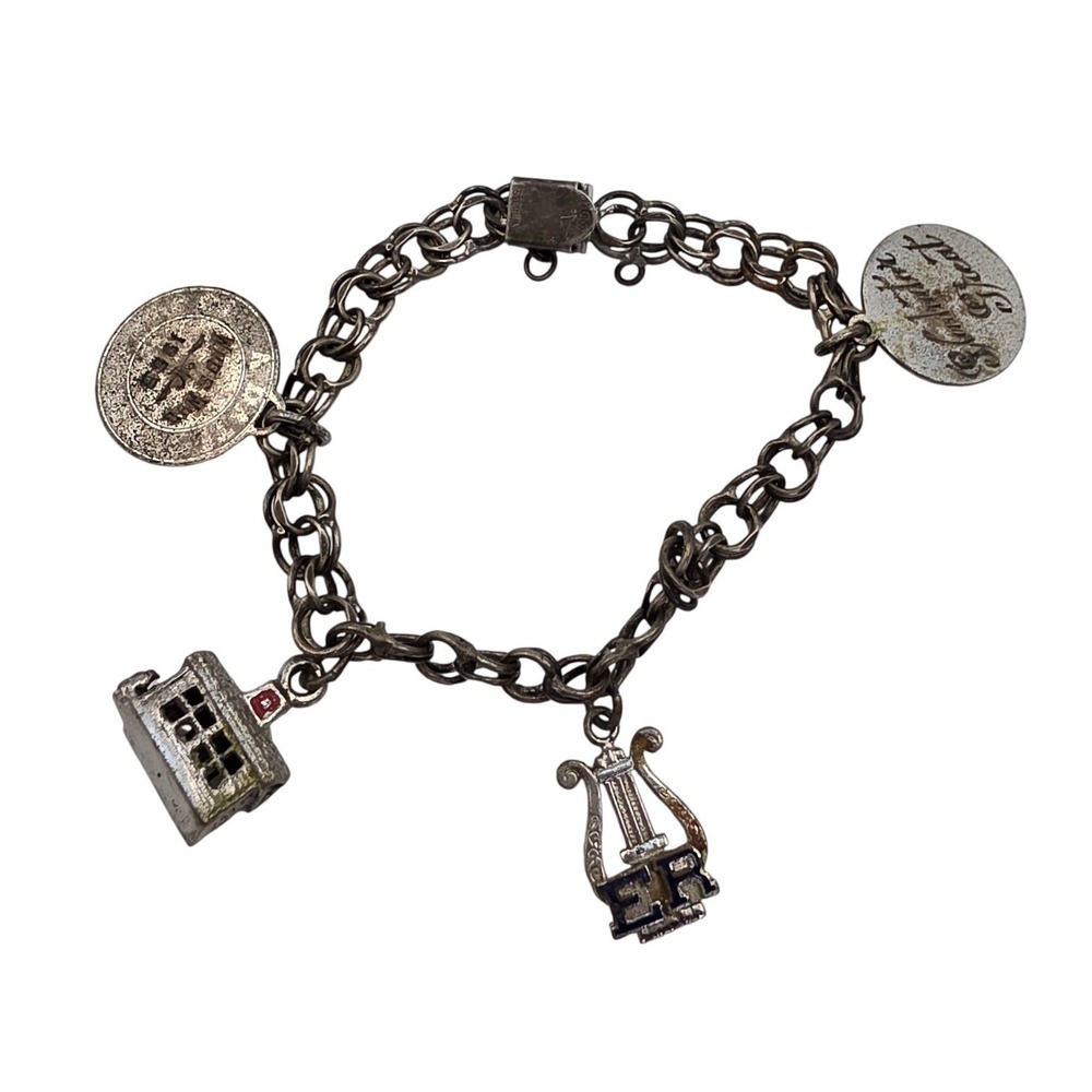 Vintage Sterling Silver Charm Bracelet 1965 Whos Who Schoolhouse Harp 24g